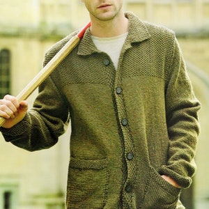 Mens Easy Jacket Cardigan Collar Pockets  Knitting Pattern pdf  38-50&quot;  Aran 10 Ply Worsted Wool Instant Download