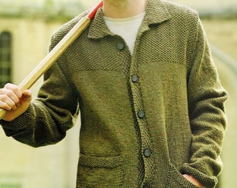 Mens Easy Jacket Cardigan Collar Pockets  Knitting Pattern pdf  38-50"  Aran 10 Ply Worsted Wool Instant Download