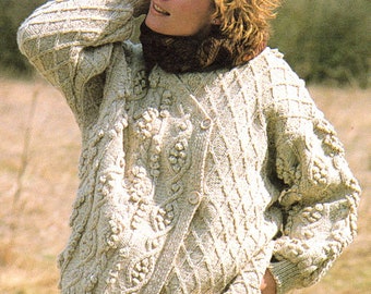 Womans Ladies Trellis & Blackberry Bobble Asymmetric Aran Cardigan Mandarin Style 34" -38"~ PDF Instant download   Aran Knitting Pattern