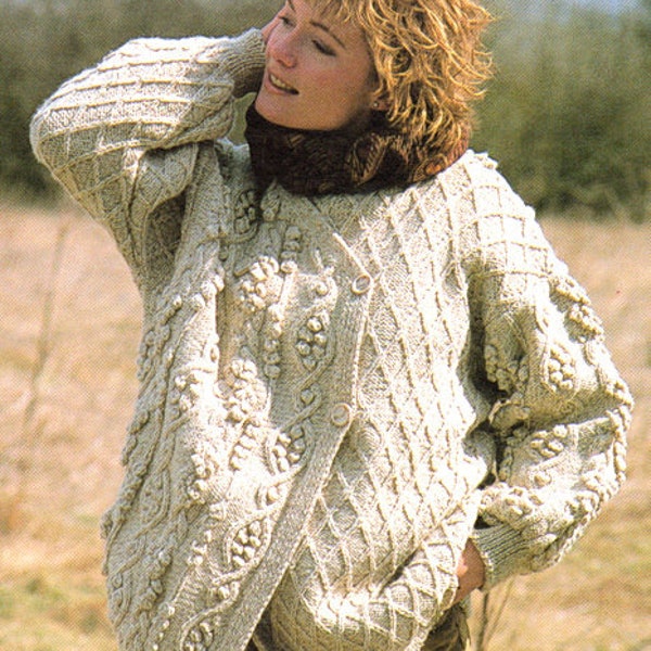 Womans Ladies Trellis & Blackberry Bobble Asymmetric Aran Cardigan Mandarin Style 34" -38"~ PDF Instant download   Aran Knitting Pattern