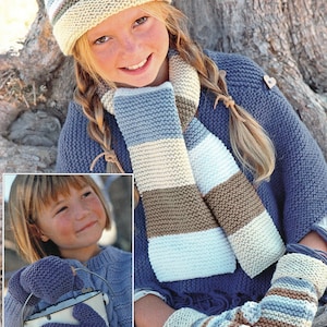 May include: A blue knitted scarf with white and brown stripes, a blue knitted hat with white and brown stripes, and blue knitted mittens with white and brown stripes. The scarf and hat are worn by a young girl with blonde braids.