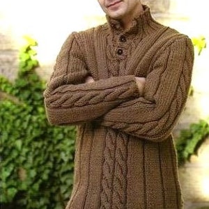 May include: A brown knitted jumper with a cable knit pattern and a button-up collar.