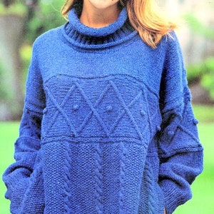 Womens Swing Sweater Tunic Diamond Cable & Bobble Roll Neck  ~ 32" - 38" ~  DK 8 Ply Light Worsted  Knitting Pattern PDF Instant Download