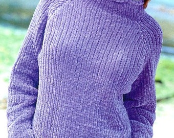 Easy Quick Knit Beginner Stocking Stitch Sweater Raglan Roll Neck ~ Chenille Super Chunky Wool ~32" -42 " Knitting Pattern PDF  download