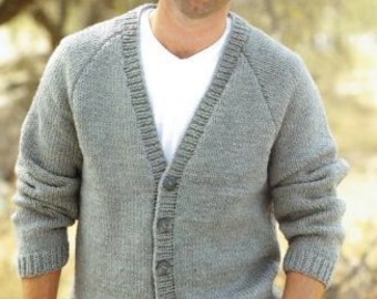 Mens Easy Plain V Neck Raglan Cardigan Knitting Pattern PDF  38-48" Chunky 12 Ply Wool Instant Download