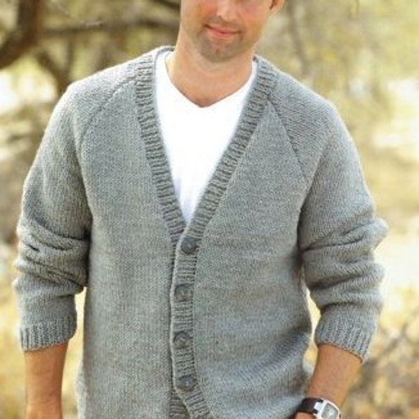 Mens Easy Plain V Neck Raglan Cardigan Knitting Pattern PDF  38-48" Chunky 12 Ply Wool Instant Download