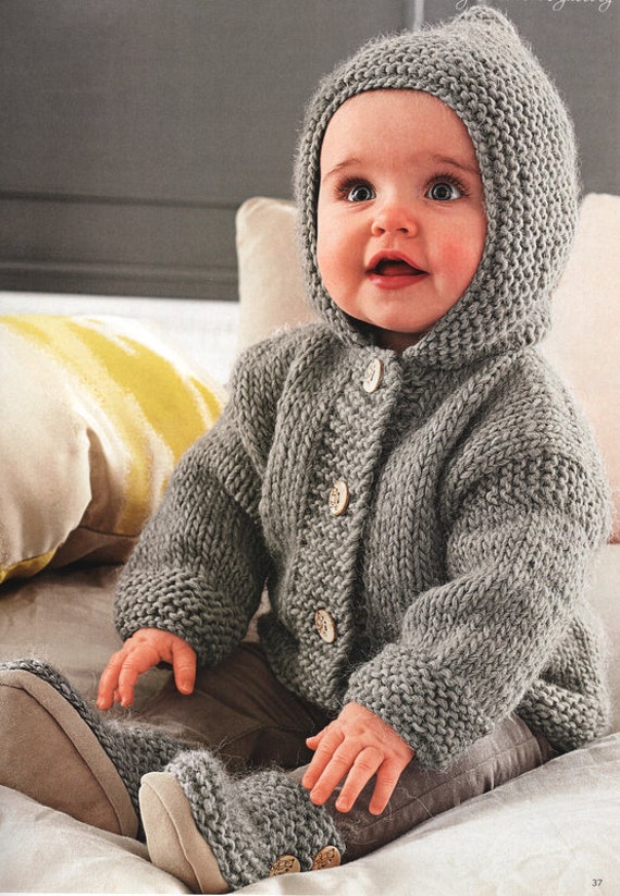 Easy Baby Jacket with Hood 3 24 mths Chunky Wool Knitting Pattern Vintage Digital pdf Download