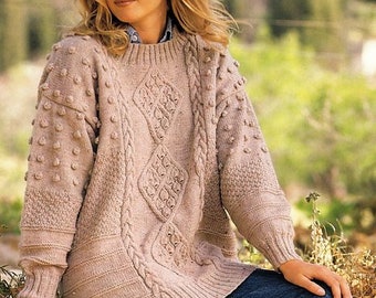Womens  Textured Cable Bobble Sweater Round Neck 30" 44" ~ DK 8 Ply Light Worsted Knitting Pattern PDF Instant download