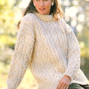 Aran Traditional Style Polo Neck Drop Sleeve Cable Sweater Womens 36&quot; - 40&quot; ~ Chunky 12 Ply Wool Instant PDF Knitting Pattern Download