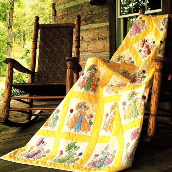 Umbrella Parasol Girl Patchwork Blocks Applique Quilt Bedspread Sunbonnet Sue Crinoline Lady 58" x 74"  ~ Quilt Sewing Pattern PDF download