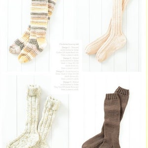 May include: Three pairs of knitted knee-high socks in different colors and patterns. The socks are made of soft yarn and have a comfortable fit. The text on the page reads "Clockwise from top left: Design C - Textured Cable Stitch.  This sock is worked in cable stitch with a simple band at the top.  Design A - Ribbed with a simple band at the top.  Design C - Ribbed with a simple band at the top.  Design B - Textured Cable Stitch.  This sock is worked in cable stitch with a simple band at the top.  Design C - Ribbed with a simple band at the top.  They feature a traditional look and a practical feel."