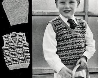 Vintage Sleeveless Pullovers Fair Isle & Rib Boy's  4-6 years ~ 3 Ply Knitting Pattern PDF Instant Download