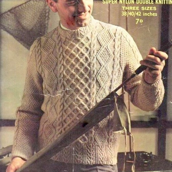 Unusual Traditional Classic Mans Aran Cable Crew Neck Sweater Fancy Neck & Welt 38"-42"~ Aran 10 Ply Worsted Knitting Pattern PDF download