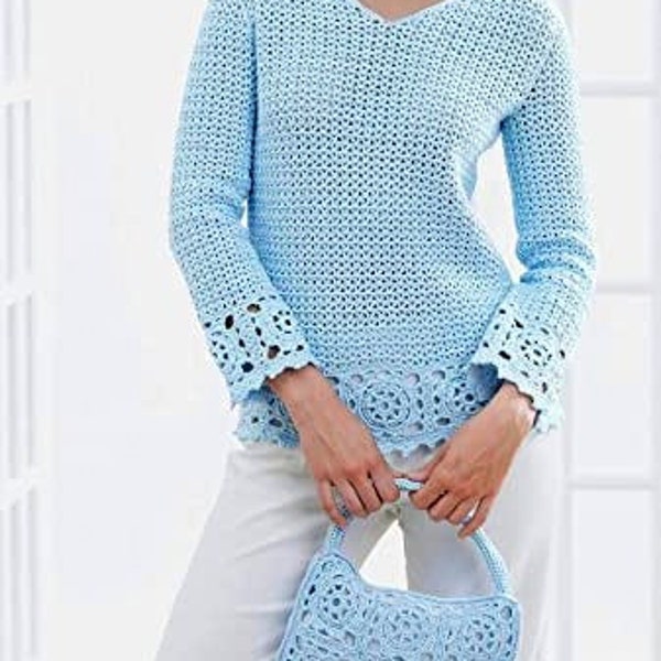 Easy Crochet Summer Sweater 32-40 and Matching Bag Purse Women ~ Dk Yarn Vintage Crochet Pattern PDF Download Pullover Pattern Beginner