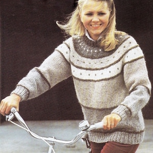 Fair Isle Yoke Round Neck Womens Sweater Icelandic Lopi  30&quot; - 38&quot; Icelandic Lopi Wool Knitting Pattern Instant Download PDF
