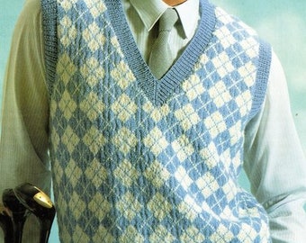 Vintage Men's Argyll V Neck Sleeveless Slipover Pullover Diamond Pattern 32" - 46" 4Ply Fingering Knitting Pattern PDF Instant Download