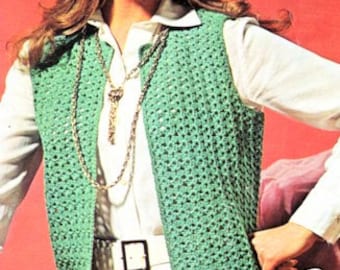 Crochet Vest Slip -On Jacket Waistcoat Woman's 34" - 39"   DK 8 Ply Yarn Vintage Crochet Pattern/Instant PDF Download