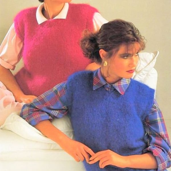 Very Easy Beginner Ladies Round & V Neck Top Vest Slipover 32"-38" Bulky 12 Ply Mohair Wool Knitting Pattern PDF instant download