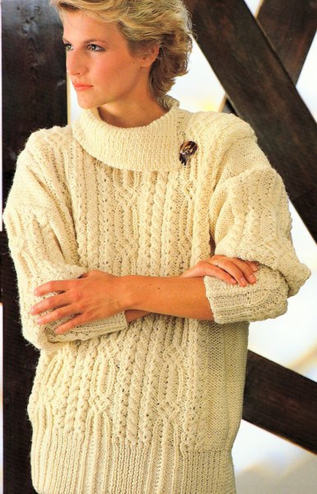 Split Turtle Neck Cable Sweater Pullover Drop Sleeve Womens 30