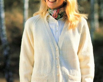Easy Classic V Neck Long Raglan Cardigan Womens Ladies 32"- 42" ~ 4Ply DK Aran Chunky  Knitting Pattern PDF Instant download