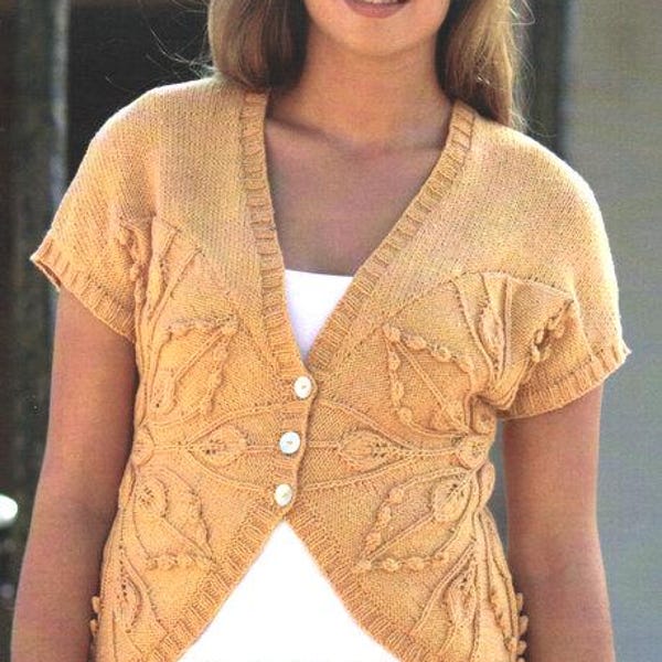 Leaf Flower Motif Short Sleeve Cardigan Waistcoat Vest V Neck Womens 32" - 42"~ DK 8 ply Light Worsted Knitting Pattern PDF Instant download