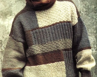 Mens Textured Blocks Patchwork Sampler Round Neck Sweater 36" - 42" ~ Lopi Chunky 12 ply  Wool  Knitting Pattern PDF Instant Download