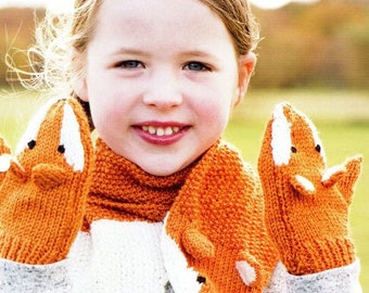 Fox Scarf & Mitts Children's Set ~  DK 8 Ply Knitting Pattern PDF Instant download