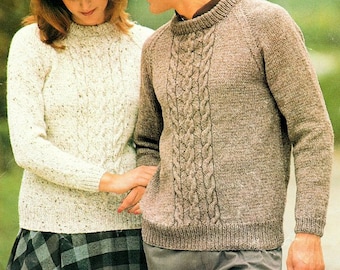 Womens Mens Aran Sweater Round Neck Raglan Cable Jumper 32 - 44" Aran 10 ply Worsted Knitting Pattern pdf Instant Download