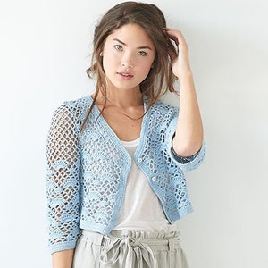 Op de afbeelding: Een lichtblauw gehaakt vest met een V-hals en knoopsluiting. Het vest heeft een delicaat opengewerkt patroon en is getailleerd.