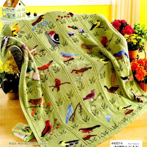 Beautiful Bird Throw Blanket Afghan 54&quot; x 62&quot; ~30 birds in Duplicate Stitch Leaf Design ~ Knitting Pattern PDF Instant download