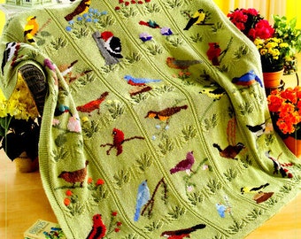 Beautiful Bird Throw Blanket Afghan 54" x 62" ~30 birds in Duplicate Stitch Leaf Design ~ Knitting Pattern PDF Instant download
