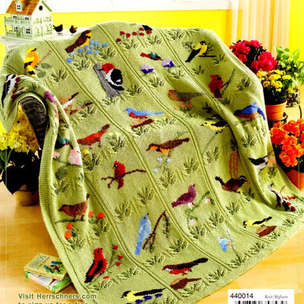 Beautiful Bird Throw Blanket Afghan 54" x 62" ~30 birds in Duplicate Stitch Leaf Design ~ Knitting Pattern PDF Instant download