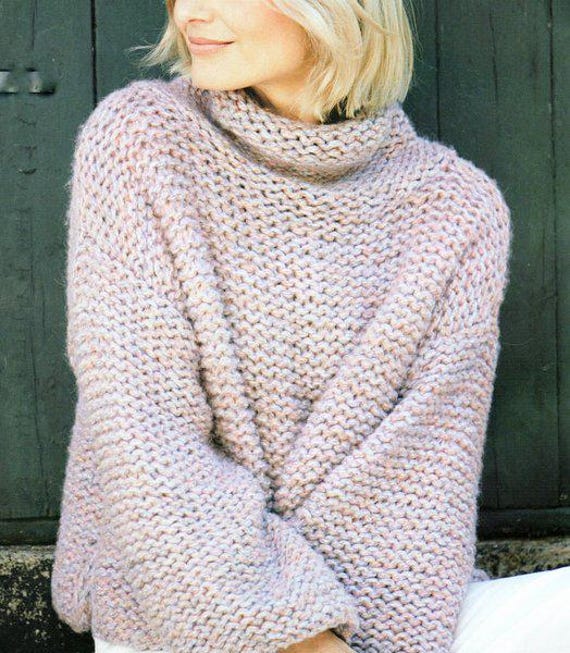 Easy Knit Beginner Womens Garter Stitch Short Sweater High Neck