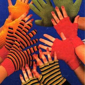 May include: Five pairs of fingerless gloves in various colours and patterns. The gloves are made of knitted fabric and feature stripes, solid colours, and a variety of textures.
