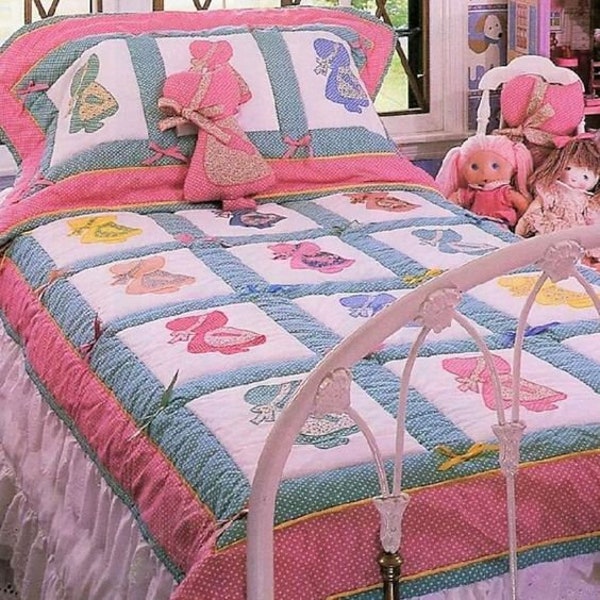 Sunbonnet Sue Patchwork Blocks Applique Twin Size Bed Quilt Bedspread Vintage  52" x 73"  ~ Quilt Sewing Pattern PDF download