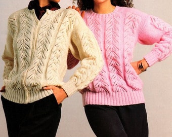 Woman's Vintage Lace Panel Round Neck Sweater & Cardigan 32" - 42" ~ DK 8 Ply Light Worsted Knitting Pattern PDF Instant download