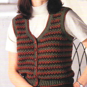 May include: A striped crocheted waistcoat with a button fastening. The waistcoat is made with brown and red yarn.