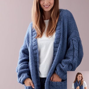 Longline Slouchy Boyfriend Cardigan V Neck Jacket Cable Pockets & Scarf  43 - 53"  ~  Chunky Bulky Wool 12 Ply Knitting Pattern PDF Download