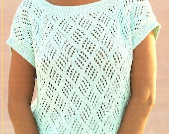Womens Teens Summer Diamond Lace Boat Neck Sleeveless Top  ~   30" - 40 " Cotton DK 8 Ply Knitting Pattern PDF Instant Download.