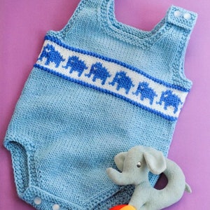 Elephant Motif Baby Romper Onesie Fair Isle 3 - 6 months  ~  DK Wool Knitting Pattern PDF Instant download