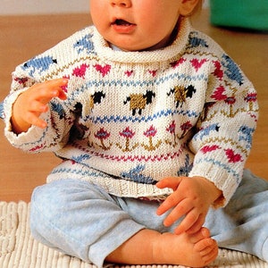 Baby Sampler Sweater Sheep Rabbits Hearts Flowers Roll Neck 6 - 9 & 18 - 24 months  DK Cotton Glace  Knitting Pattern PDF Instant download