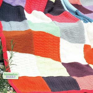 Patchwork Sampler Squares Picnic Blanket Knit in Strips Buttons Up 49&quot; X 60&quot;  ~ Aran 10 Ply Worsted Knitting Pattern PDF Instant download