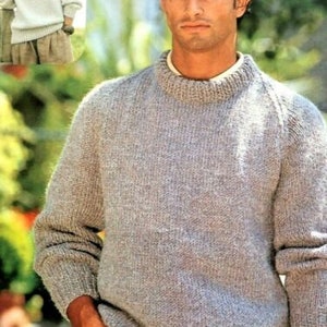 Easy Knit Round Neck Rib Textured Sweater Raglan Sleeve Man Woman  30" - 42"   Chunky 12 Ply Wool Knitting Pattern PDF Instant Download