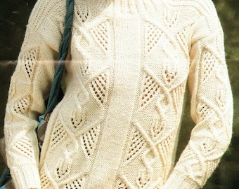 Vintage Round Neck Cable Lattice  Sweater Jumper 32 - 38"  Womens ~ Aran 10 Ply Worsted Knitting Pattern PDF Instant download