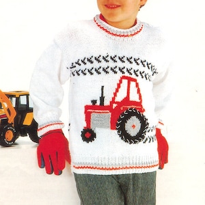 Tractor Motif Sweater Baby Children Boys Girls  DK Light Worsted  22&quot; -28&quot; Knitting Pattern PDF Instant download