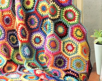 Crochet Bright Colourful Hexagon Afghan Blanket Bedspread Throw 56" x 48"  ~ Worsted Aran 10 ply Wool Crochet Pattern PDF Instant Download