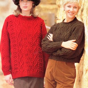 Womens Cable Bobble & Leaf Aran Style Sweater Round Neck Long or Short Cropped  32" - 44" ~ DK 8 Ply  Knitting Pattern PDF download