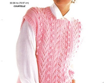 Womens Round Neck Lacy Bobble Lacy Top Cap Sleeves Jumper Sweater Vest Slipover 30"-40" Chunky 12 Ply Wool Knitting Pattern PDF download