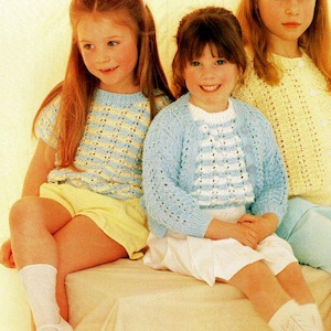 Girls Eyelet Cardigan & Sweater Jumper Round Neck  20 - 30 inch ~DK  8Ply Light Worsted Knitting Pattern PDF Instant download