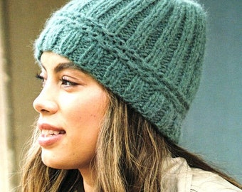 Super Easy Knitted Beanie Rib Hat One Size ~ Aran 10 Ply Worsted Wool Knitting Pattern  PDF Instant download